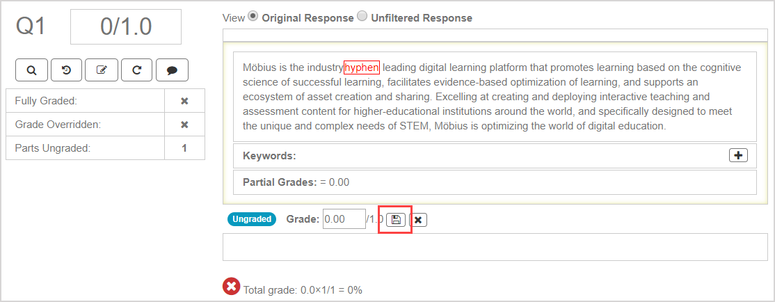 The save icon is highlighted beside the part grade field and below the annotated response.